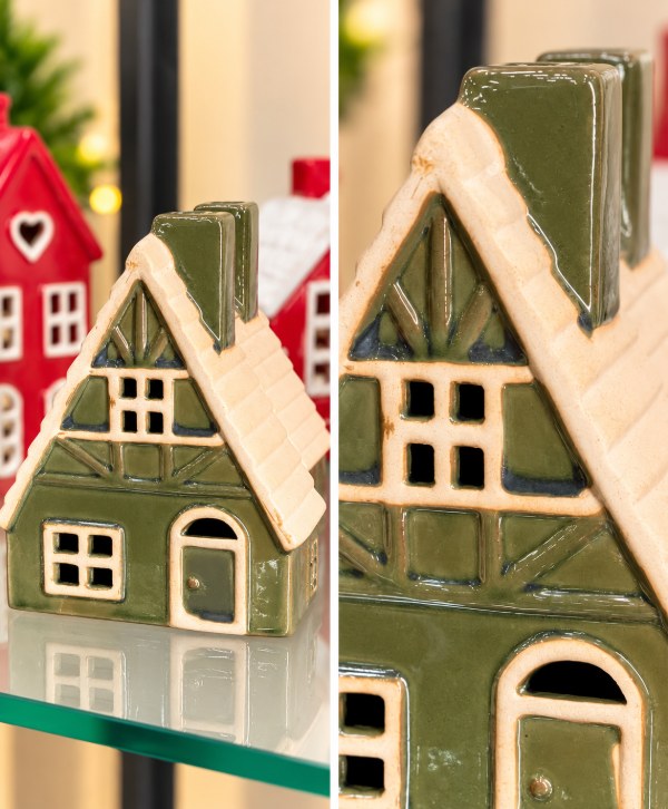 Glossy Glazed Green Ceramic Cottage – Elegant Home Décor Statue