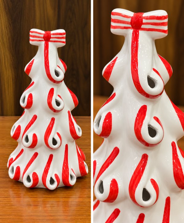 Glossy Candy-Cane Ceramic Tree – Festive Christmas Home Décor