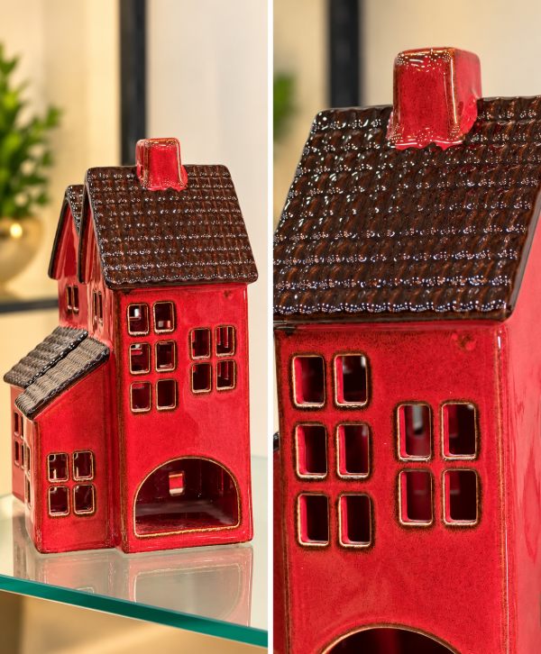 Glossy Red Ceramic Cottage – Elegant Home Décor Statue