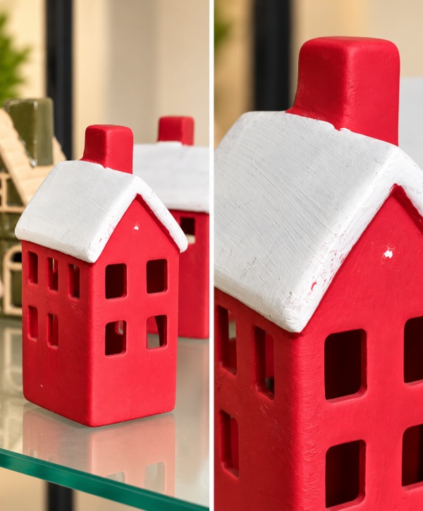 Red and White Ceramic Cottage – Elegant Home Décor Statue