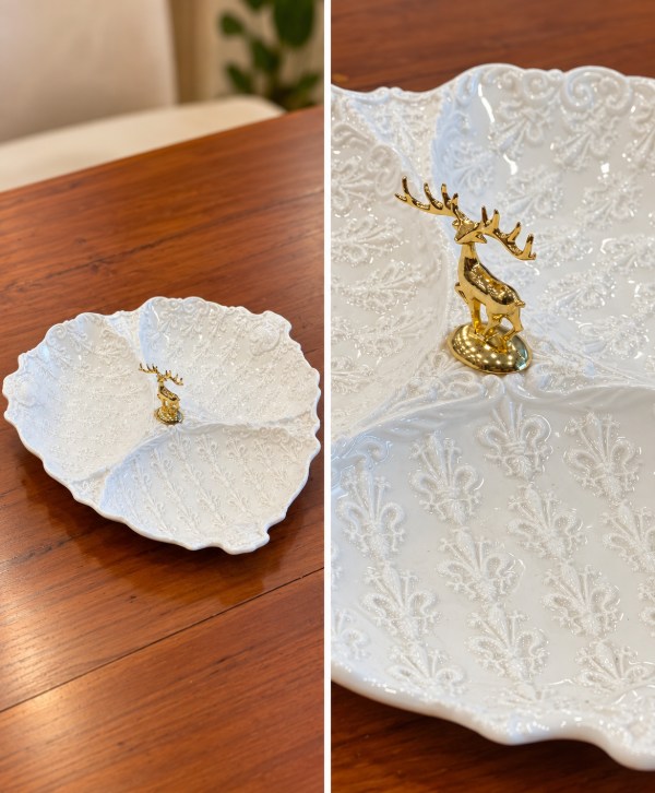 Ornate White Decorative Dish with Golden Stag – Elegant Luxury Crockery