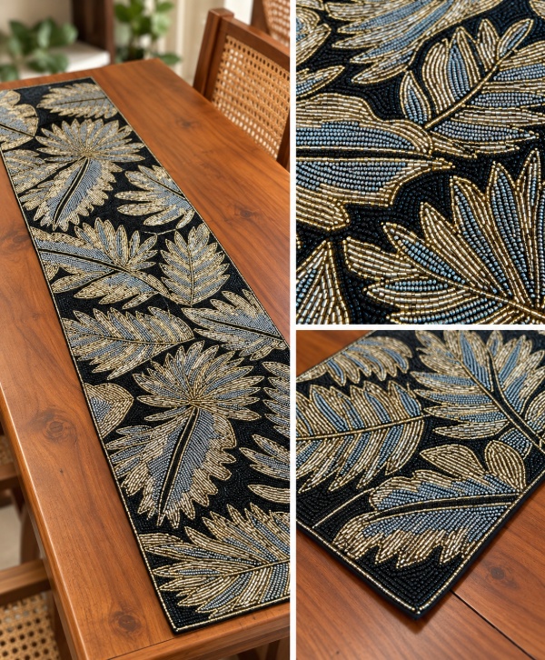 Luxury Botanical Beaded Table Runner – Elegant Embellished Table Décor