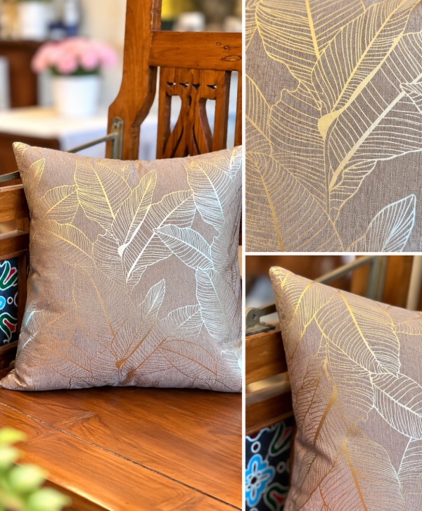 Botanical Taupe Leaf-Patterned Cushion – Elegant Decorative Throw Pillow