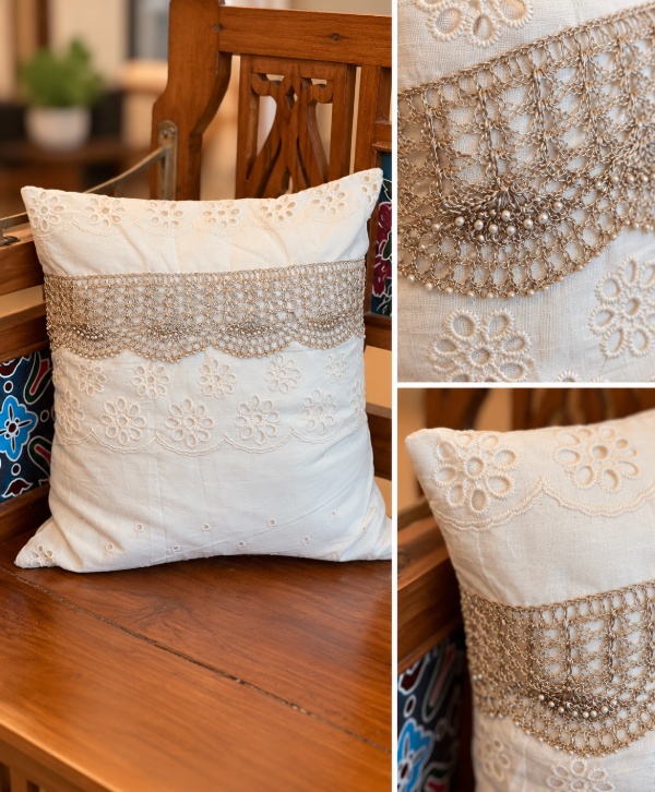 Hakoba Cushion with Embroidered Lace – Elegant White Decorative Cushion