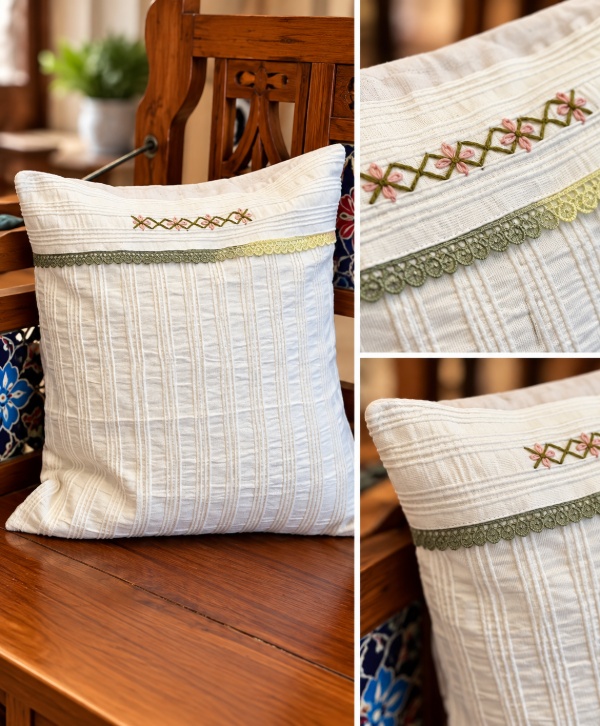 Vintage White Embroidered Cushion – Elegant Decorative Cushion