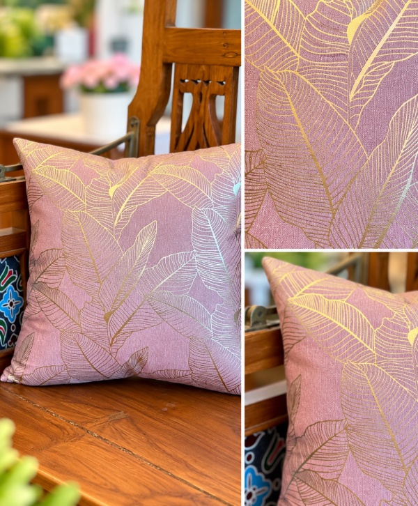 Blush Pink Leaf-Patterned Cushion – Elegant Decorative Throw Pillow