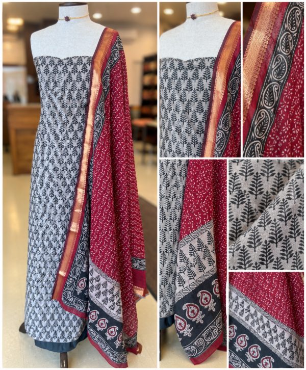 Semi Chandheri Silk Block Printed Salwar Material – White, Red & Black