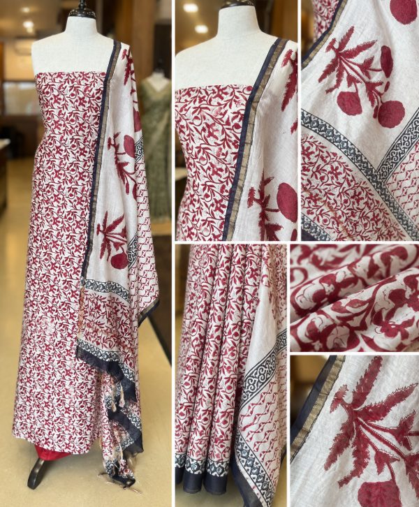 Semi chandheri silk salwar material . Block print . Comes in white and maroon combination 