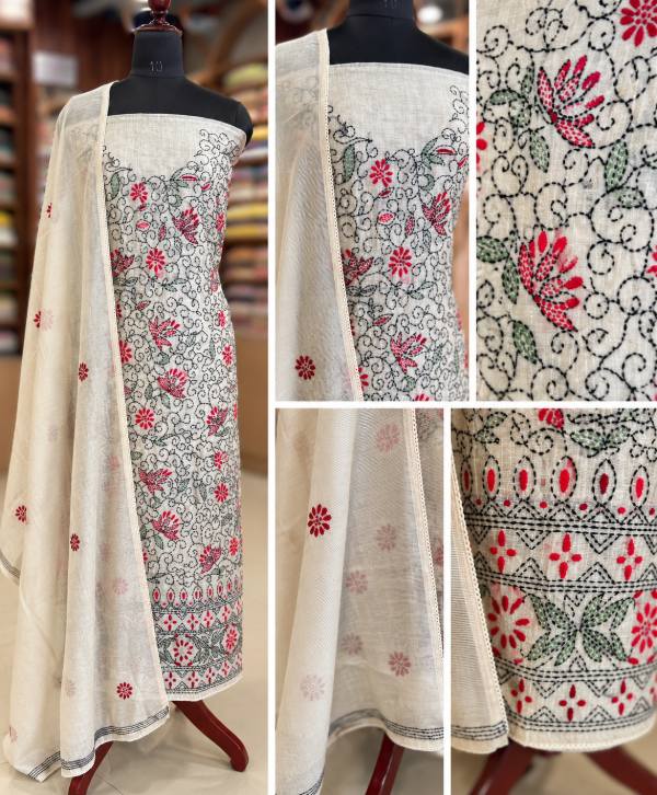 Ivory Chanderi Suit Material with Multicolour Floral Embroidery & Matching Dupatta