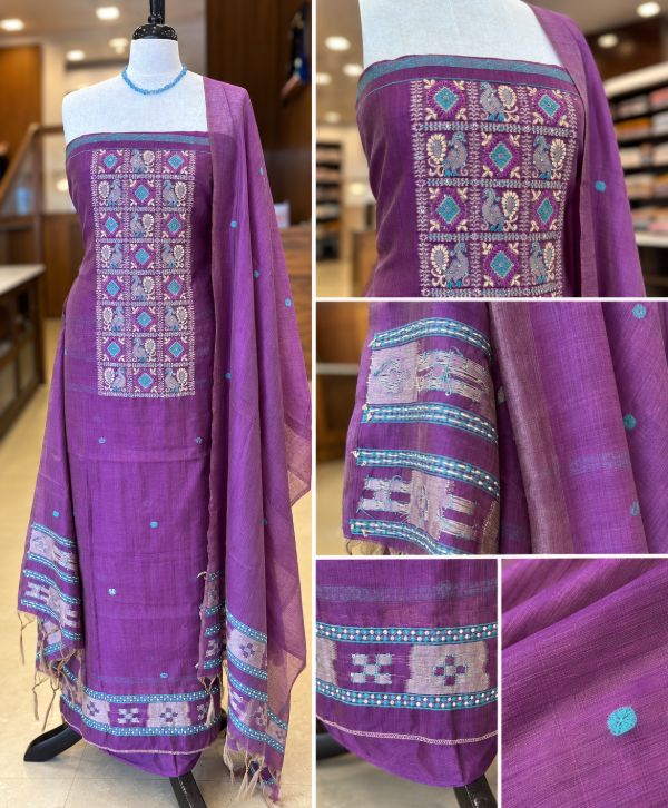 Royal Plum Semi-Linen Salwar Suit Material with Heavy Kantha Embroidery and Coordinated Dupatta