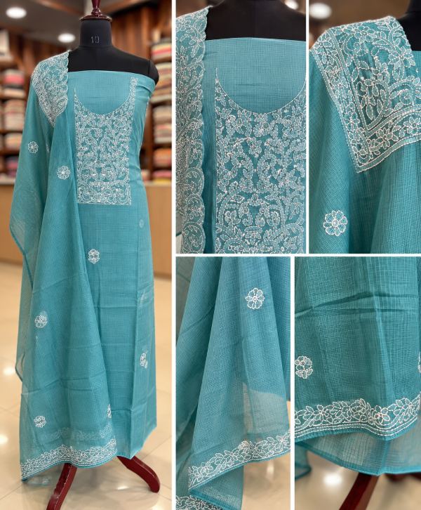 Teal Blue Kota Cotton Salwar Suit Set with White Floral Embroidery & Dupatta