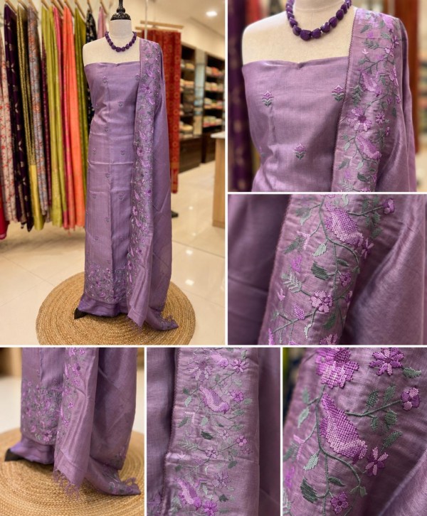 Lavender Pure Tussar Silk Churidar Set with Machine Embroidery