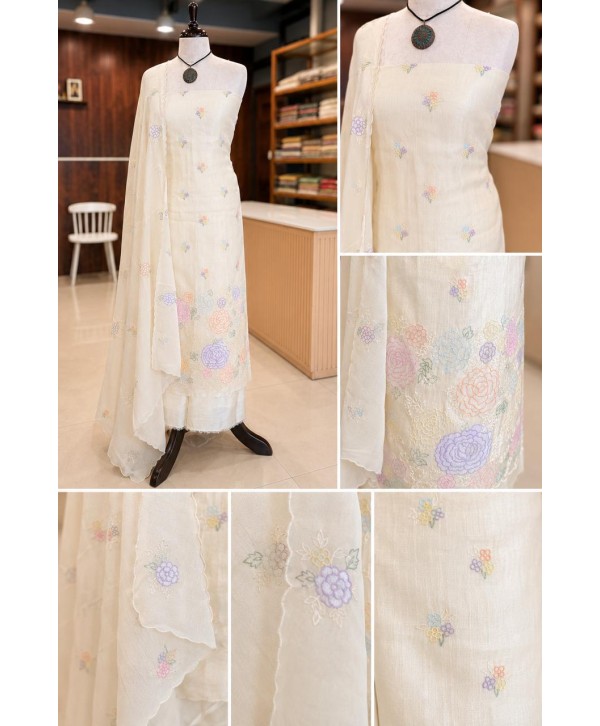 Tusser Kotta Multicolor Floral Embroidery Fabric