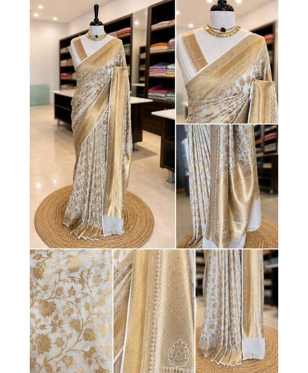 Elegant white and golden Banarasi weave saree