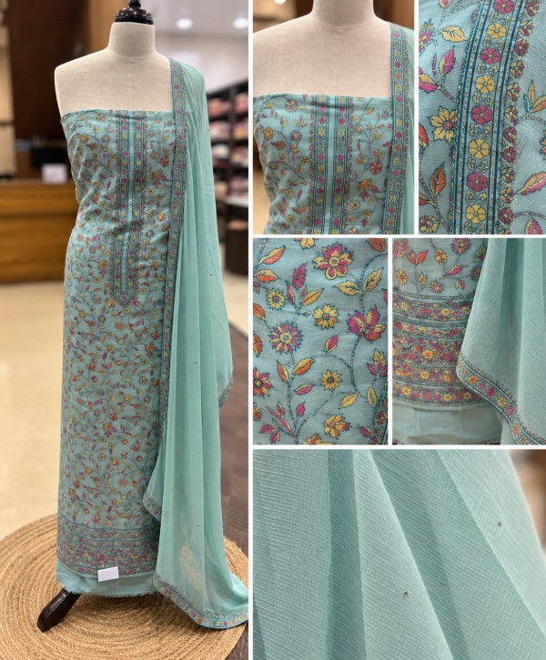 Teal Blue Printed Linen Cotton Salwar Material with Embroidery