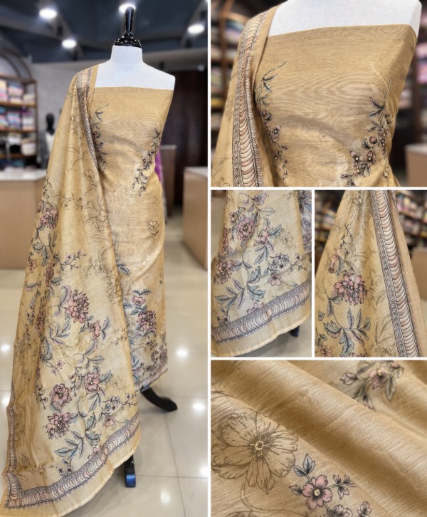 Beige Chanderi Silk Salwar Material with Threadwork & Sequin Detailing