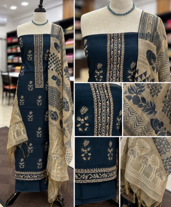 Navy Blue & Beige Chanderi-Style Salwar Suit Material with Kantha-Style Embroidery and Printed Dupatta