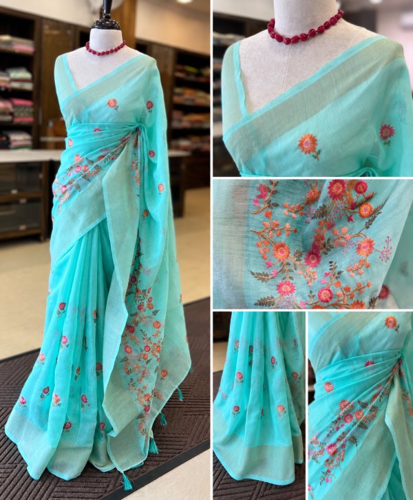Aqua Semi-Linen Saree with Multicolour Floral Machine Embroidery