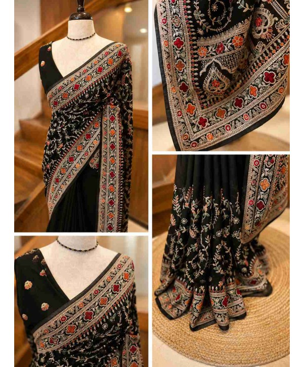 Elegant black Georgette Chikankari saree 