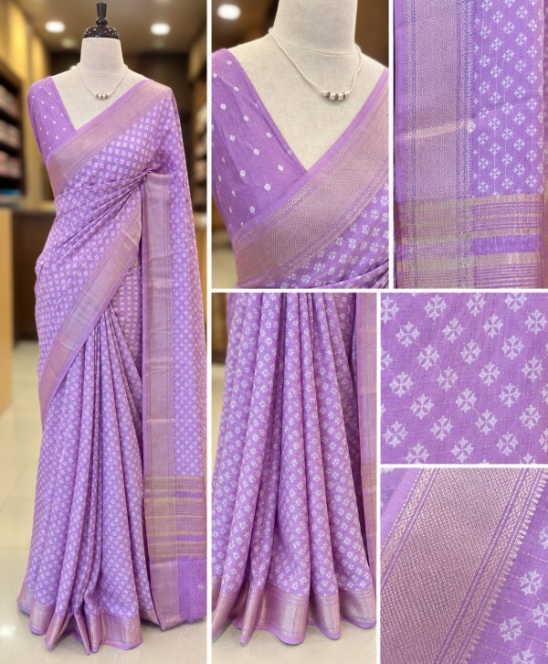 Lavender Mal Chanderi Saree with Golden Zari Border & Pallu