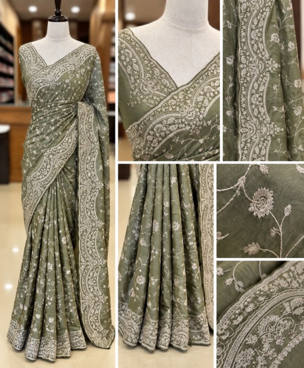 Olive Green Soft Tussar Silk Saree with Off-White Embroidered Thread Work