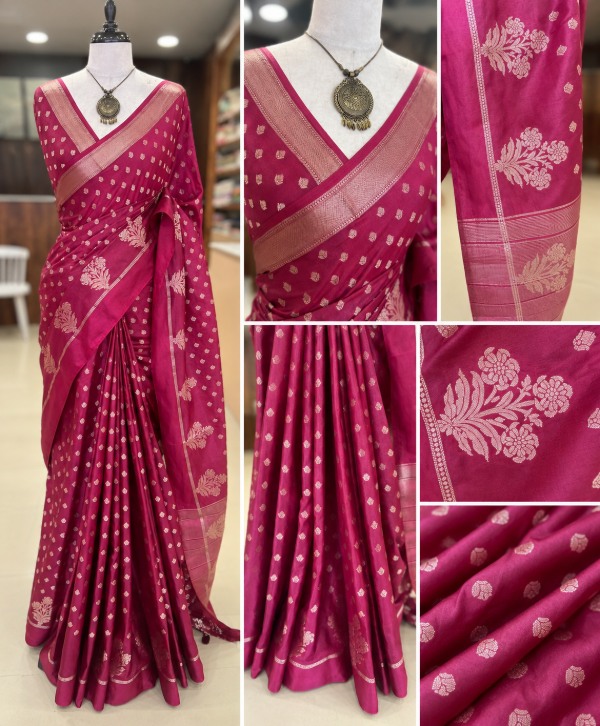 Maroon Semi Tussar Partywear Saree with Banarasi Border & Buttas