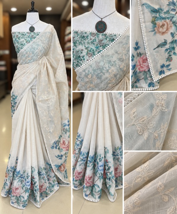 Off-White Silky Kotta Saree with Self Embroidery & Floral Print
