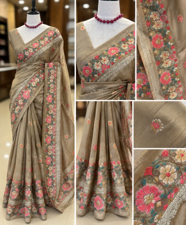 Chikku Shade Mixed Kotta Saree with Floral Border & Pallu