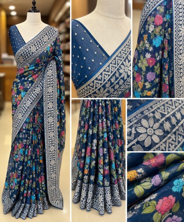 Elegant Georgette Chiffon Saree with Silver Zari & Multicolor Floral Weave