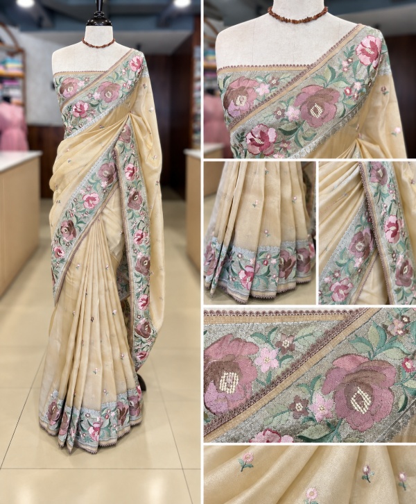 Champagne Organza Saree with Floral Embroidered Border