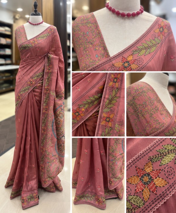 Dark Peach Bagalpuri Silk Saree with Aarya Work Border & Floral Blouse