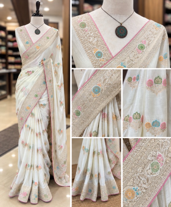 Butter Cream Georgette Banarasi Saree with Meenakari Buttas & Pink Piping