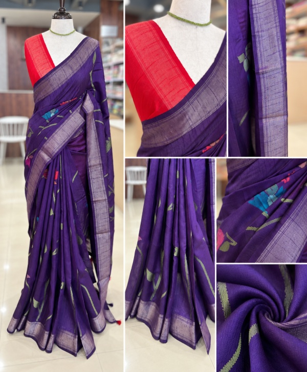 Violet Jamdhani Semi Tussar Silk Saree with Traditional Woven Border
