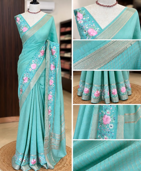 Mal Chandheri Saree with Parsi Work & Micro Checks