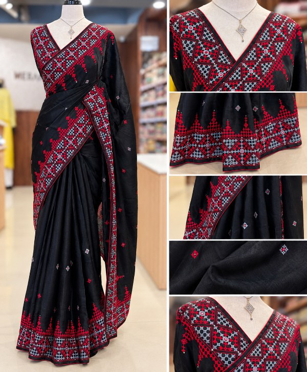 Black Chiniya Silk Saree with Red & Grey Kutch Work