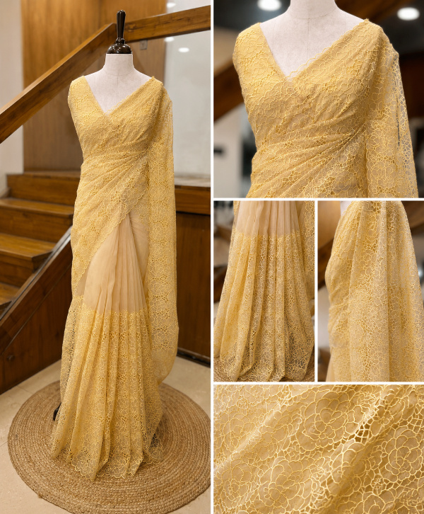 Yellow Organza Silk Saree with Cutwork Blouse