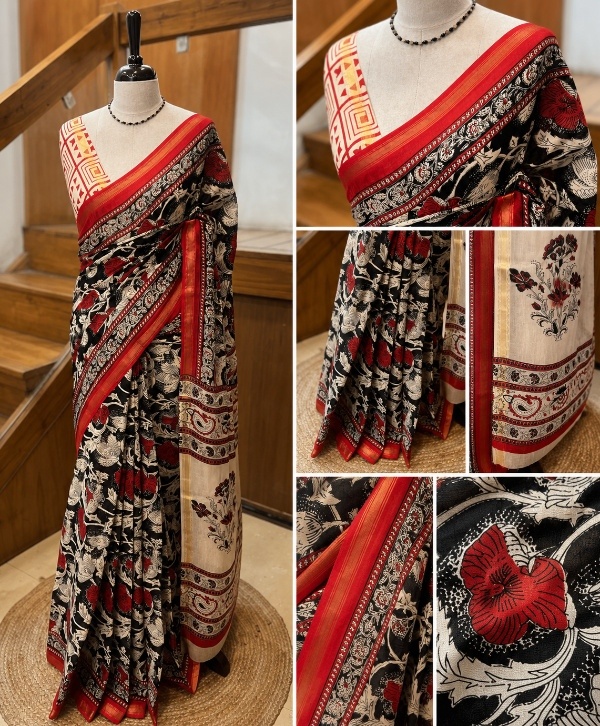 Jaipur Cotton Saree in Black & Red Print with Zari Border