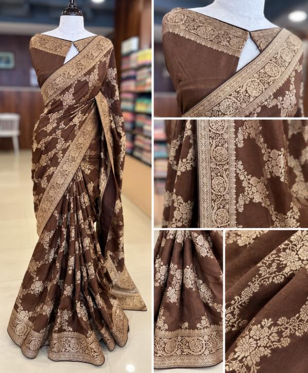 Coffee Brown Georgette Banarasi Weave Saree – Elegant All-Over Traditional Design