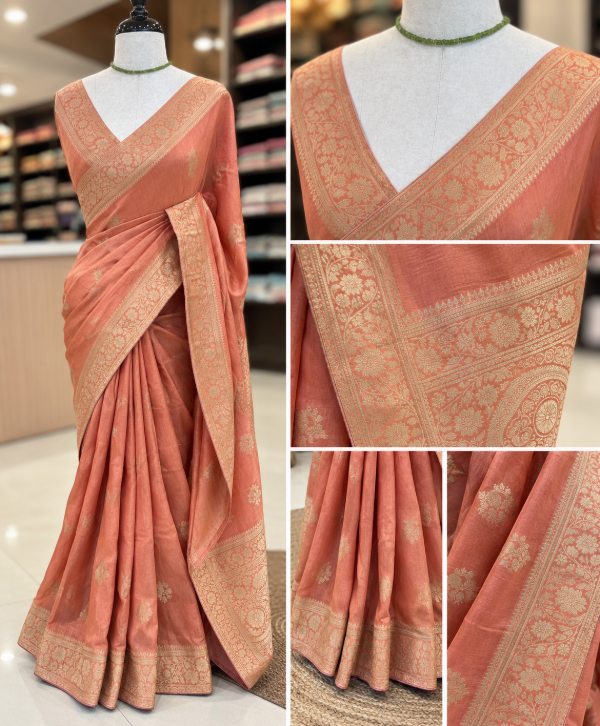 Coral Dola Silk Banaras Saree with Gold Zari Work – Elegant Traditional Ethnic Wear