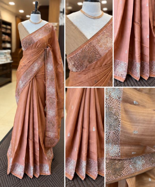 Dusty Rose Semi Tusser Saree with Elegant Cutwork Detailing