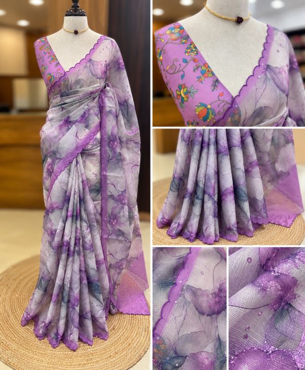Lavender Mist Silky Kota Floral Saree with Elegant Scalloped Border