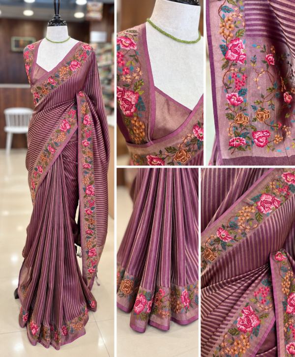 Premium Mauve Tissue Silk Saree with Multicolour Floral Woven Border