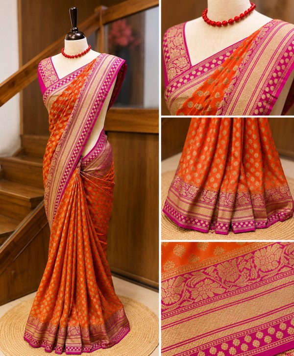 Premium Orange & Rani Pink Chanderi Silk Saree with All Over Buttas