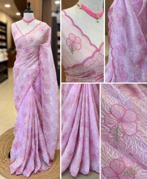 Pastel Pink Embroidered Crushed Saree – Elegant Festive Wear