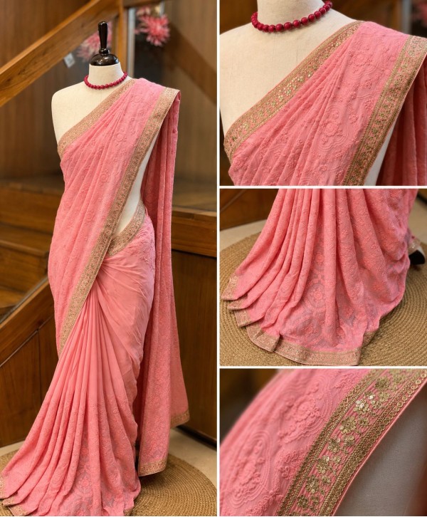 Peach Pink Georgette Saree with All Over Chikankari & Stone Work Border