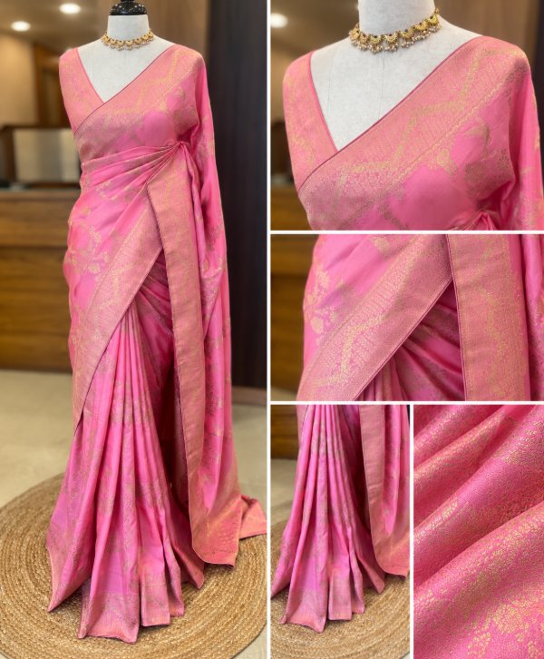 Pink Banarasi-Style Saree with Antique Gold Zari Floral Work and Broad Gold-Toned Border