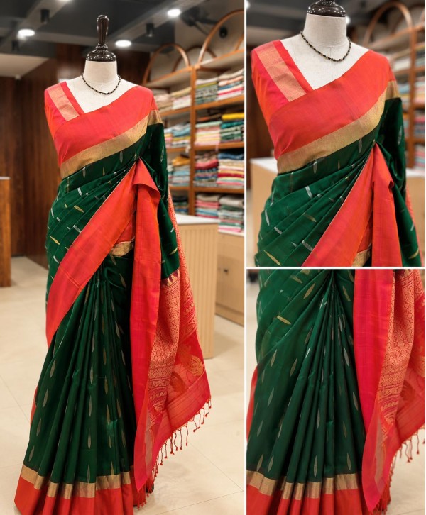 Rich Bottle Green Kanjipuram Silk Saree with Bold Orange Border & Banarasi Blouse