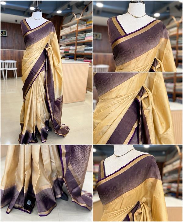 Kanjivaram Silk Saree in Chikku & Violet with Zari Border | Premium Traditional Saree