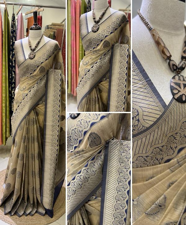 Chikku Chanderi Banarasi Silk Saree with Meenakari Buttas & Banarasi Border
