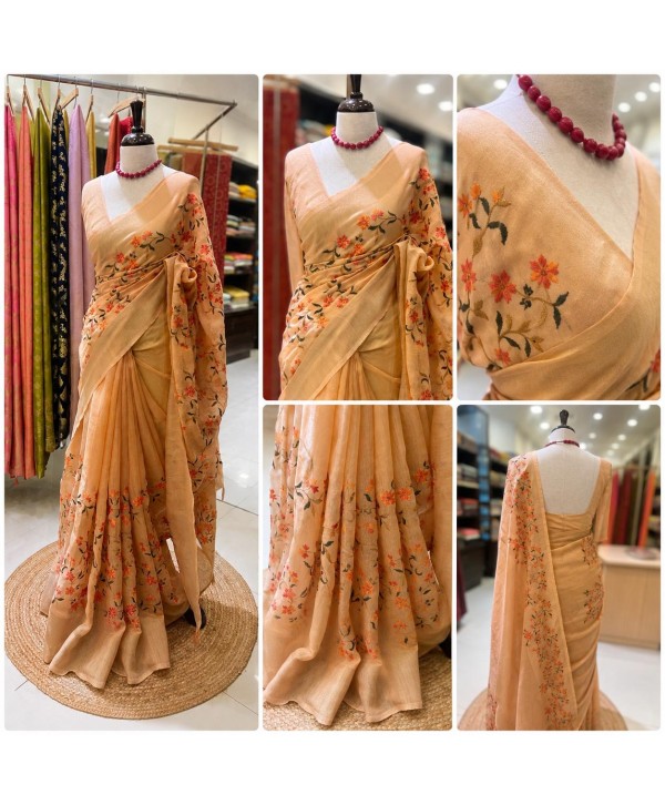 Peach Semi Linen Saree with All Over Embroidery Thread Work & Blouse